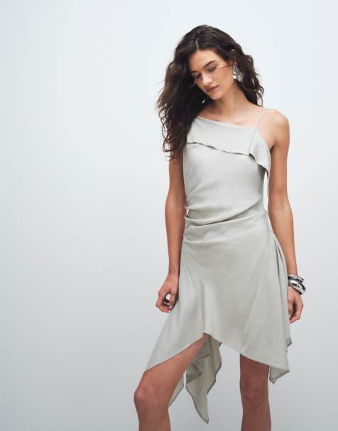 Weekday foldover mini dress with ruffled asymmetric hem in dirty beige - view 1