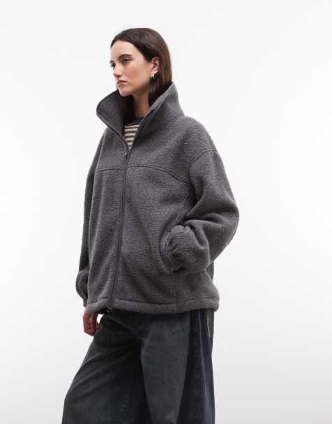 Weekday - forro polar borg extragrande con cuello alzado con cremallera en gris oscuro jaspeado - view 1