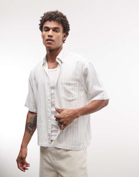 Weekday - Franco - Camicia a maniche corte in misto lino bianco e grigio a righe - view 1