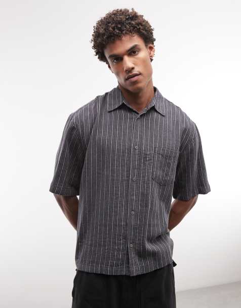 Weekday - Franco - Camisa gris oscuro a rayas de manga corta de mezcla de lino - view 1