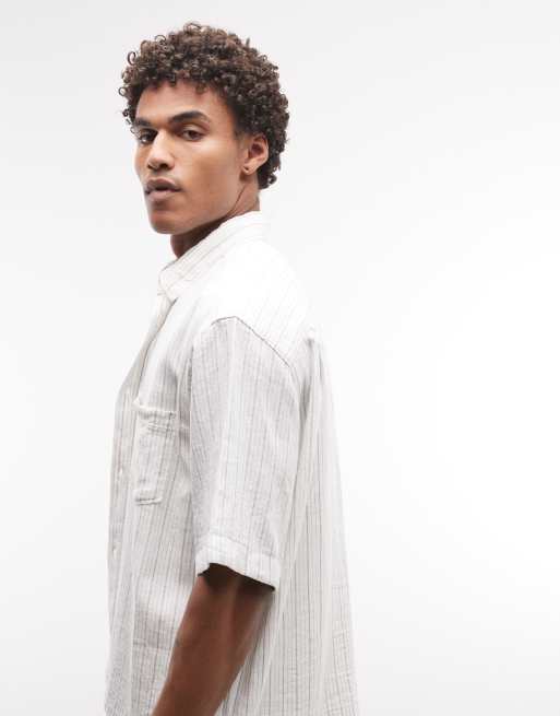 Weekday - Franco - Chemise manches courtes en lin mélangé à rayures - Blanc et gris, 4 de 5