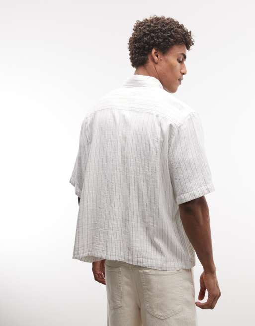 Weekday - Franco - Chemise manches courtes en lin mélangé à rayures - Blanc et gris, 5 de 5