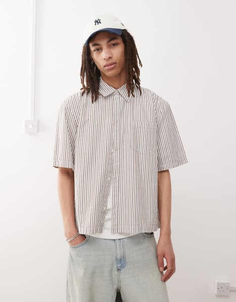 Weekday Franco oversized short sleeve shirt in beige stripe - view 1