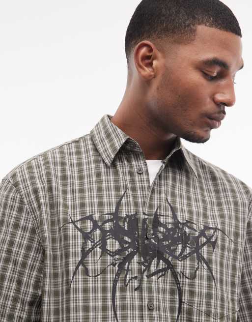 Weekday Franco short sleeve graphic shirt in green check, 4 of 5