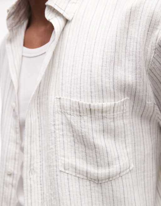 Weekday Franco short sleeve linen blend shirt in white and grey stripe, 3 of 5