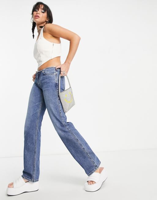 Blue Wash Low Rise Frayed Waistband Jeans