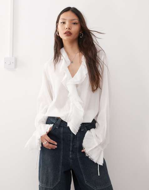 Weekday frill blouse with hook and eye front detail in off-white - view 1