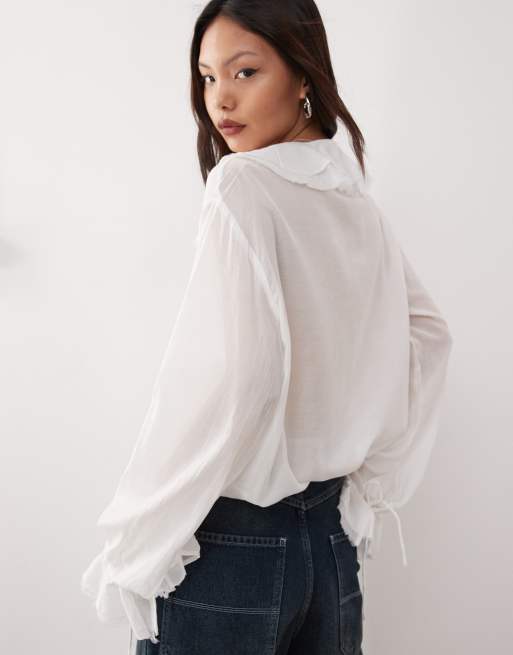 Weekday frill blouse with hook and eye front detail in off-white, 3 of 4