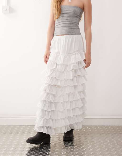 Layered Frilled Satin Skirt ecru M Silk Ruffle Skirt - Etsy