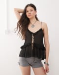 [Weekday] Weekday frill tie front cami top in black XL Black