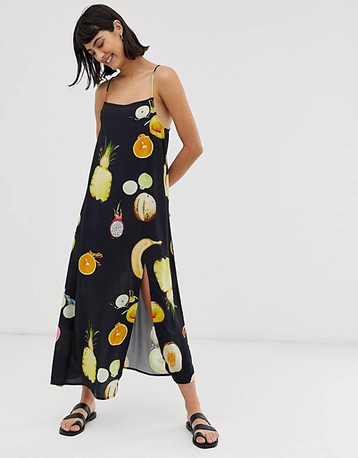 Weekday fruit print mid cami dress with front slit in navy