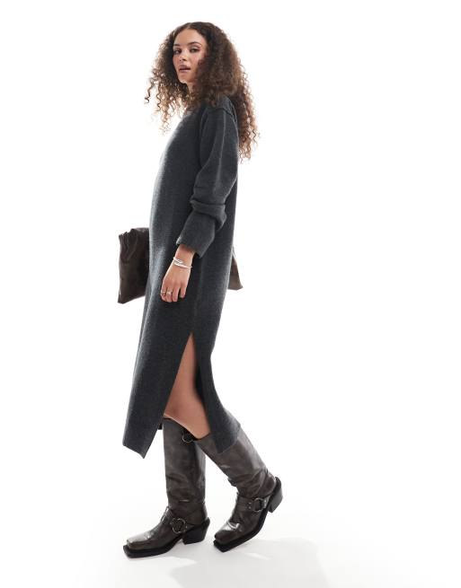 Weekday - Funda - Vestito con gonna al polpaccio in maglia in misto lana nero mélange con spacco laterale - In esclusiva per ASOS