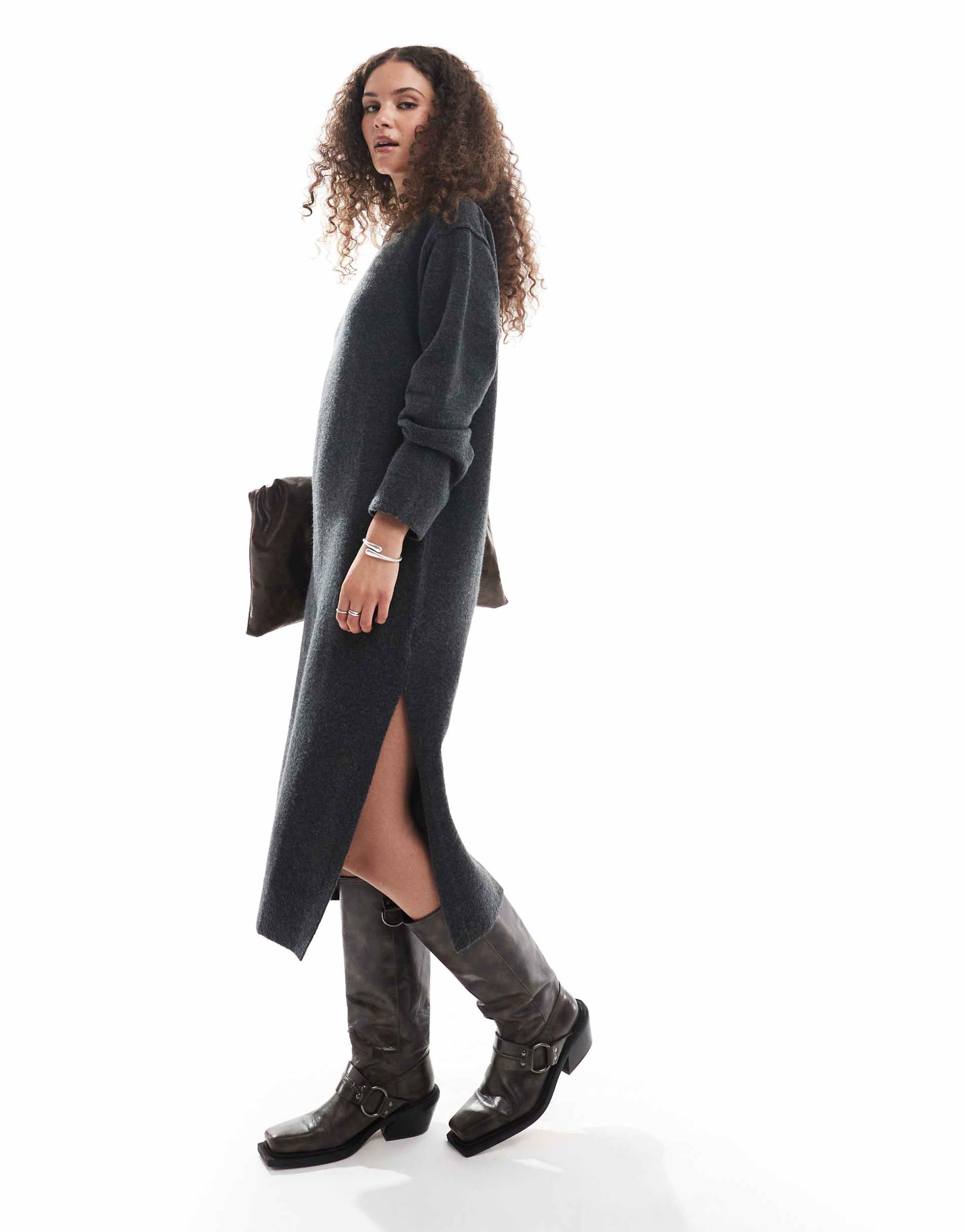 weekday funda wool blend knit midaxi dress with side split in black melange exclusive to asos