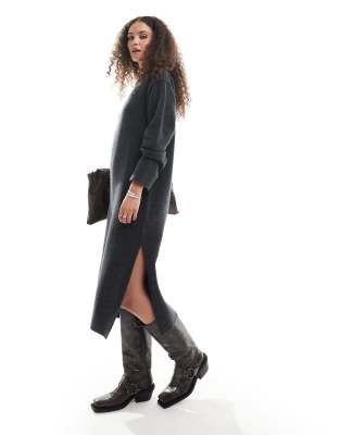 Weekday Funda Wool Blend Knitted Midaxi Dress With Side Split In Black Melange Exclusive To Asos