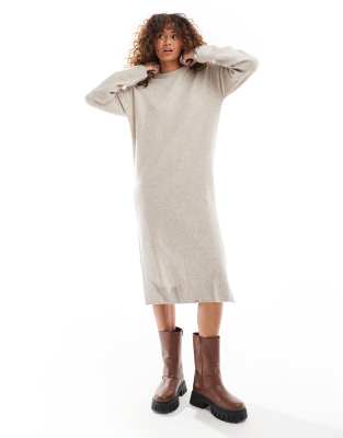 weekday funda wool blend knitted midaxi dress with side split in light beige melange exclusive to asos