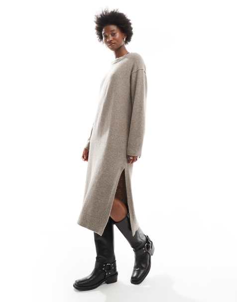 Weekday Funda wool blend knitted midaxi dress with side split in mole melange exclusive to ASOS - view 1