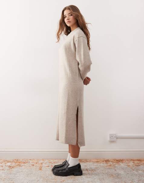 Weekday Funda wool blend knitted midaxi jumper dress with side split in light beige melange exclusive to ASOS