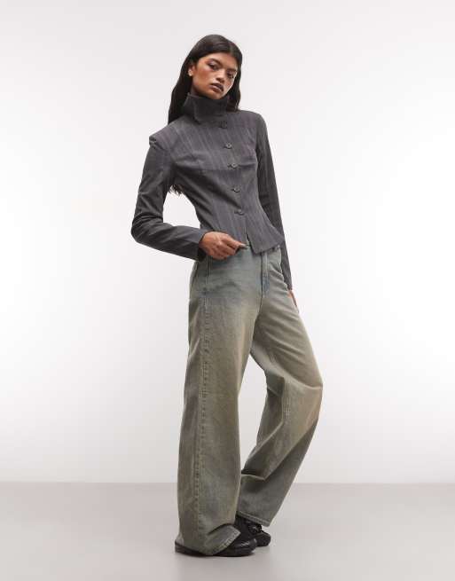 Weekday funnel neck long sleeve top in grey melange pinstripe, 2 of 4