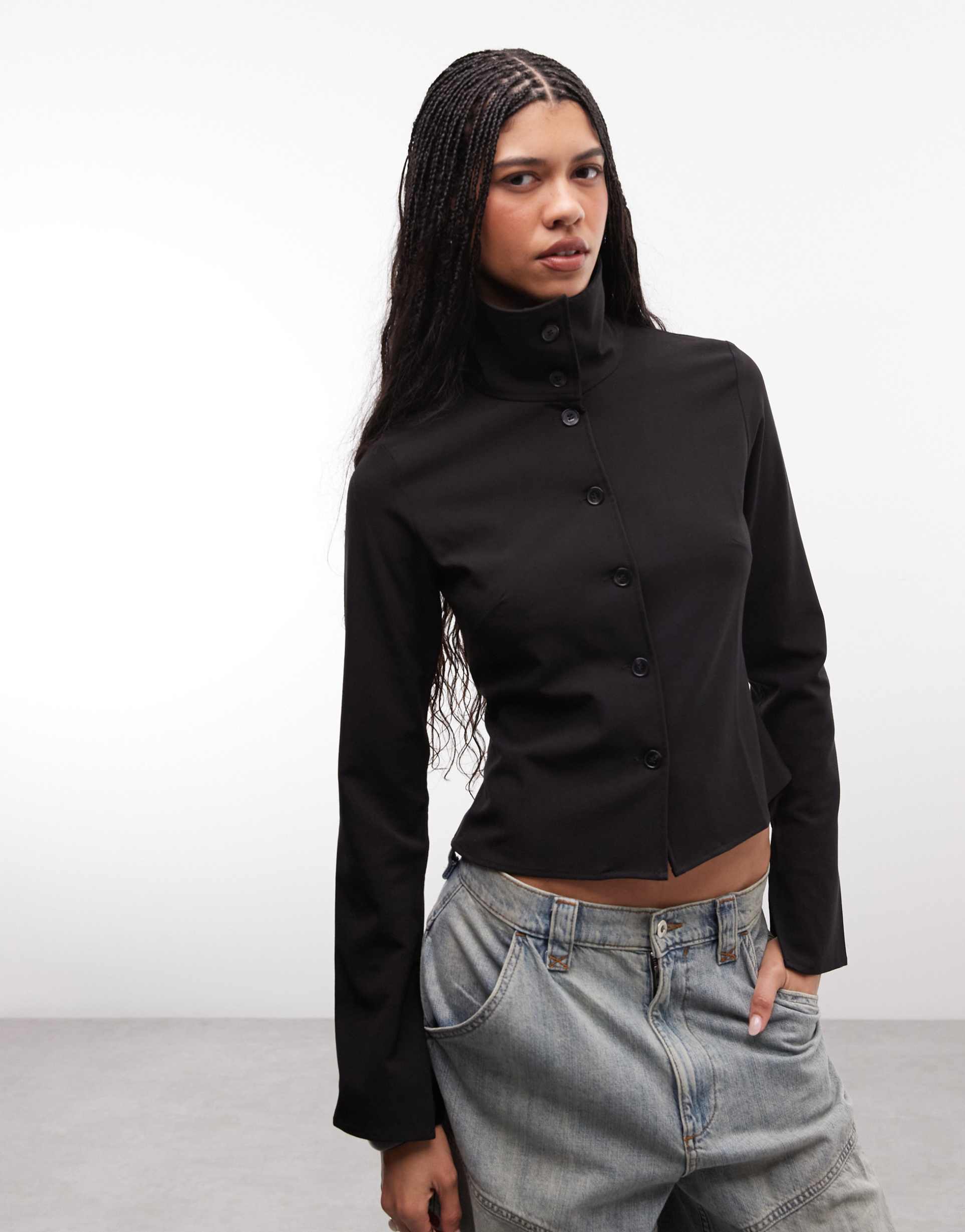weekday funnel neck slim fit shirt in black