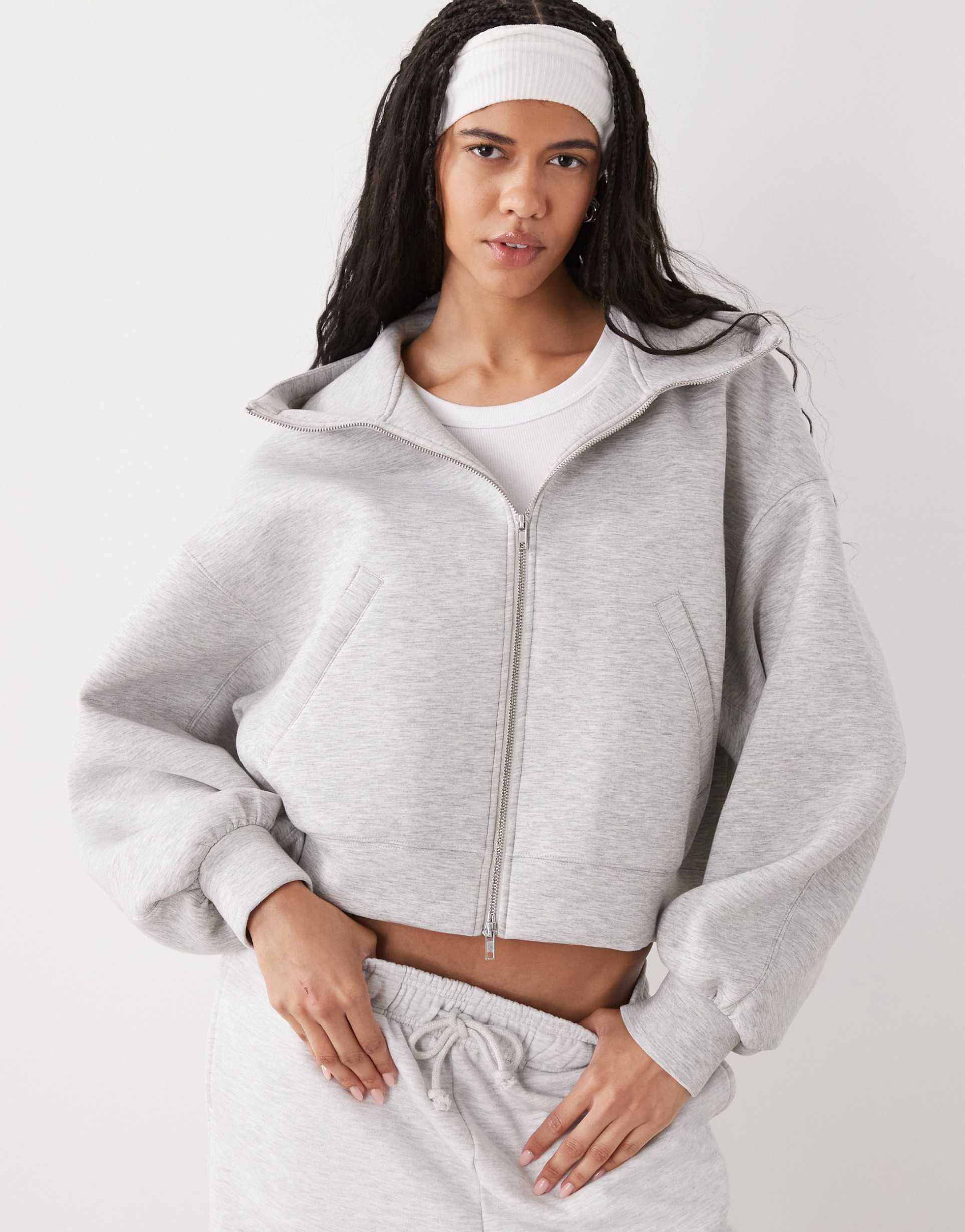 weekday funnel neck zip up scub-style hoodie in gray melange