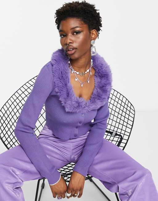 Weekday - Furry - Lilla cardigan med krave i imiteret pels - PURPLE