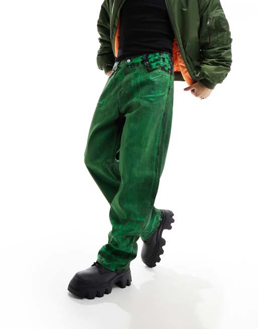 Weekday - Galaxy - Baggy jeans met coating in groene acid wash
