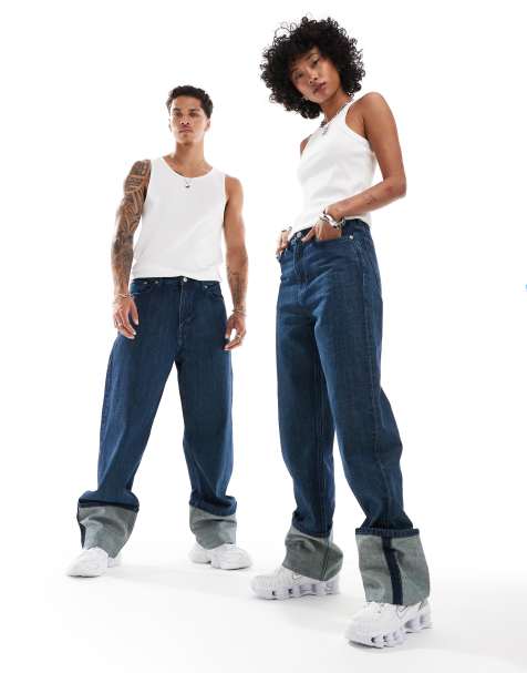 Weekday Galaxy Unisex loose fit jeans with fold up hem in sapphire blue - view 1