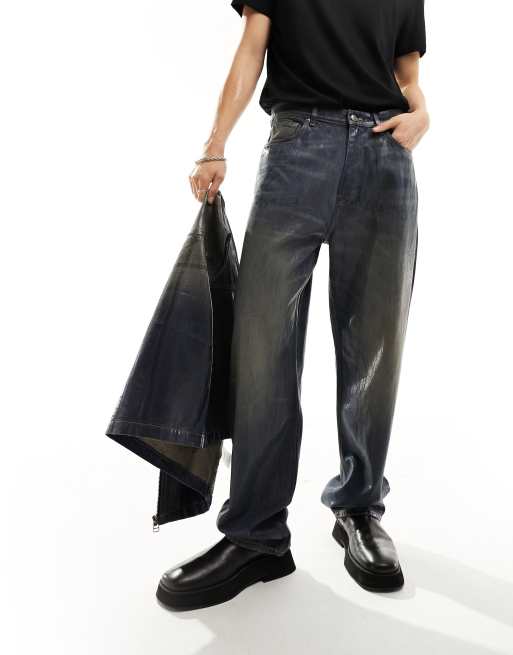 Weekday Galaxy wax coated baggy fit straight leg jeans in blue wash (part of a set)