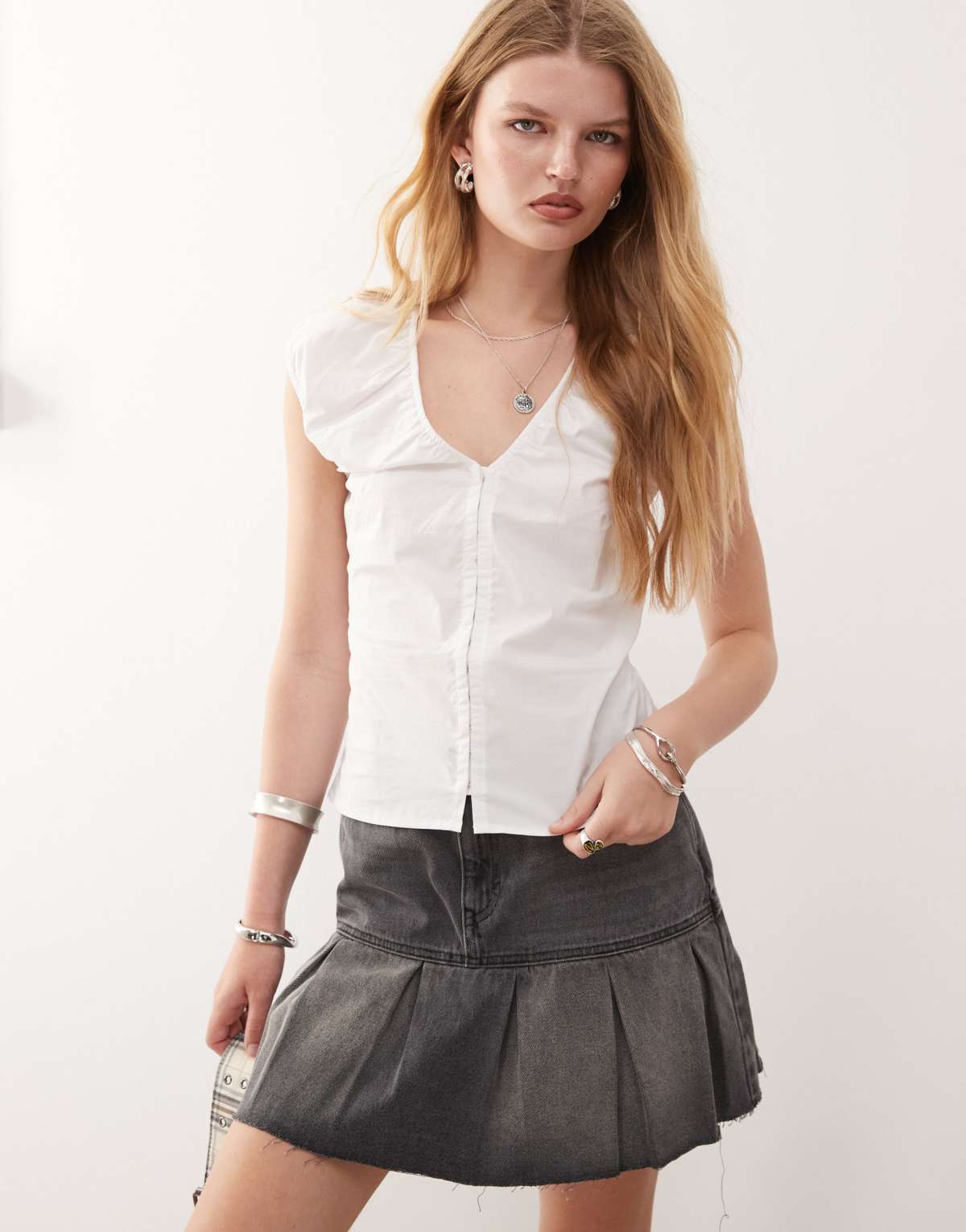 Weekday gathered v neck top with hook and eye detail in white