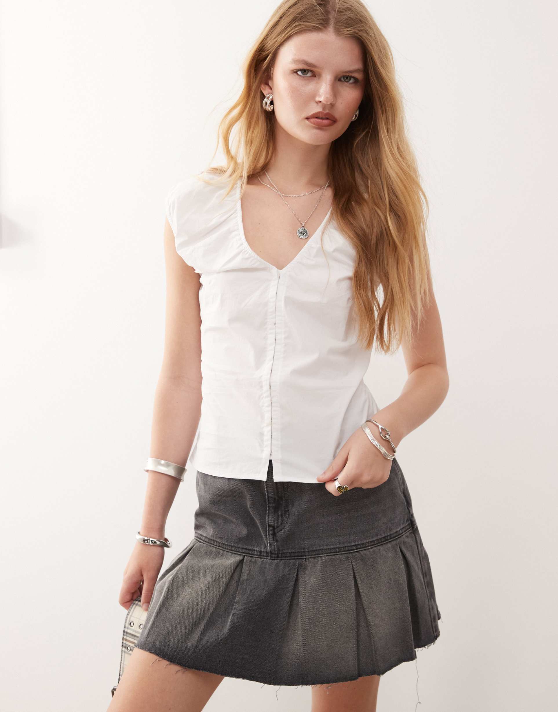 weekday gathered v neck top with hook and eye detail in white