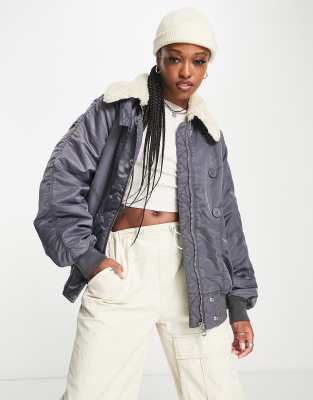 Weekday Gaus oversized padded bomber jacket with borg collar in