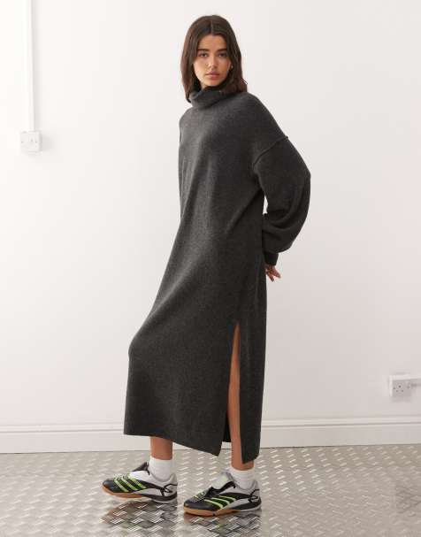 Weekday - Gebreide maxi jurk met col in gemêleerd zwart, exclusief bij ASOS - view 1