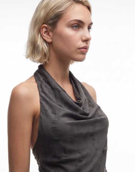Weekday - Gedrapeerde mini jurk met halternek en burn-out print in grijs, 3 van 4