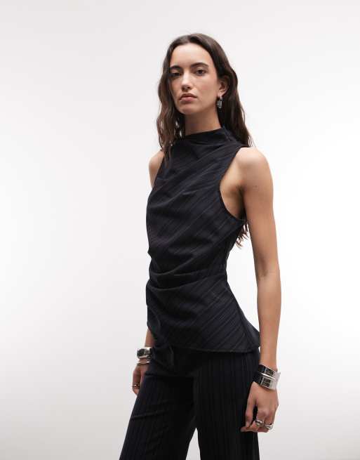 Weekday - Co-ord set van gedrapeerde gestreepte nette top en cropped elegante broek in marineblauw, 3 van 3