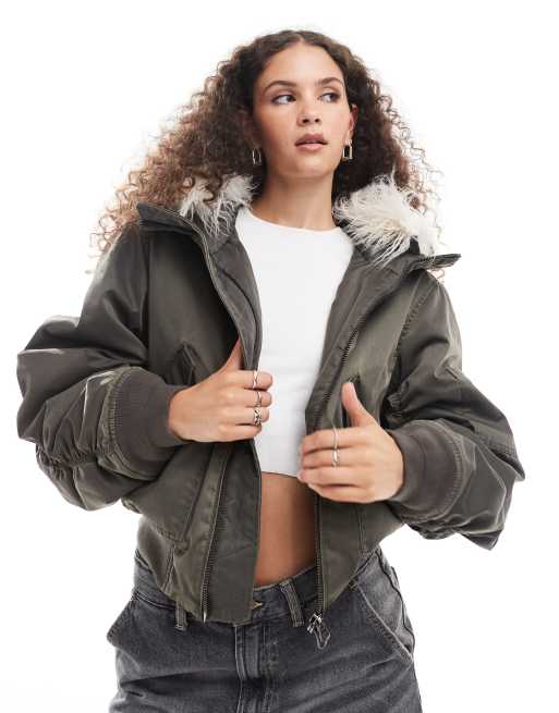 Weekday Gem bomber coat with contrast faux fur hood in dark gray