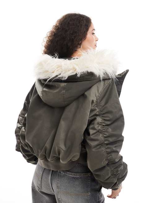 Weekday Gem bomber coat with contrast faux fur hood in dark grey, 3 of 4