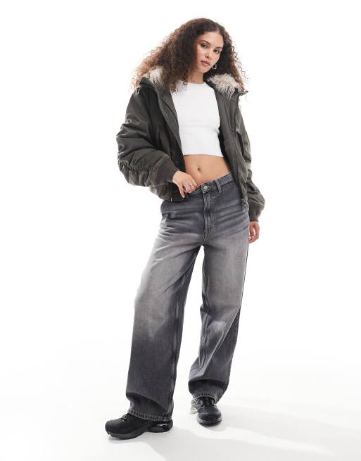 Weekday Gem bomber coat with contrast faux fur hood in dark grey, 4 of 4