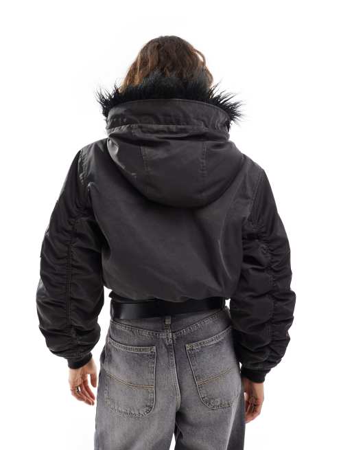 Bomber jacket coat with fur hood on sale