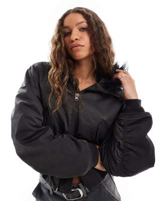 Weekday Weekday Gem bomber coat with faux fur hood in dark grey-Black