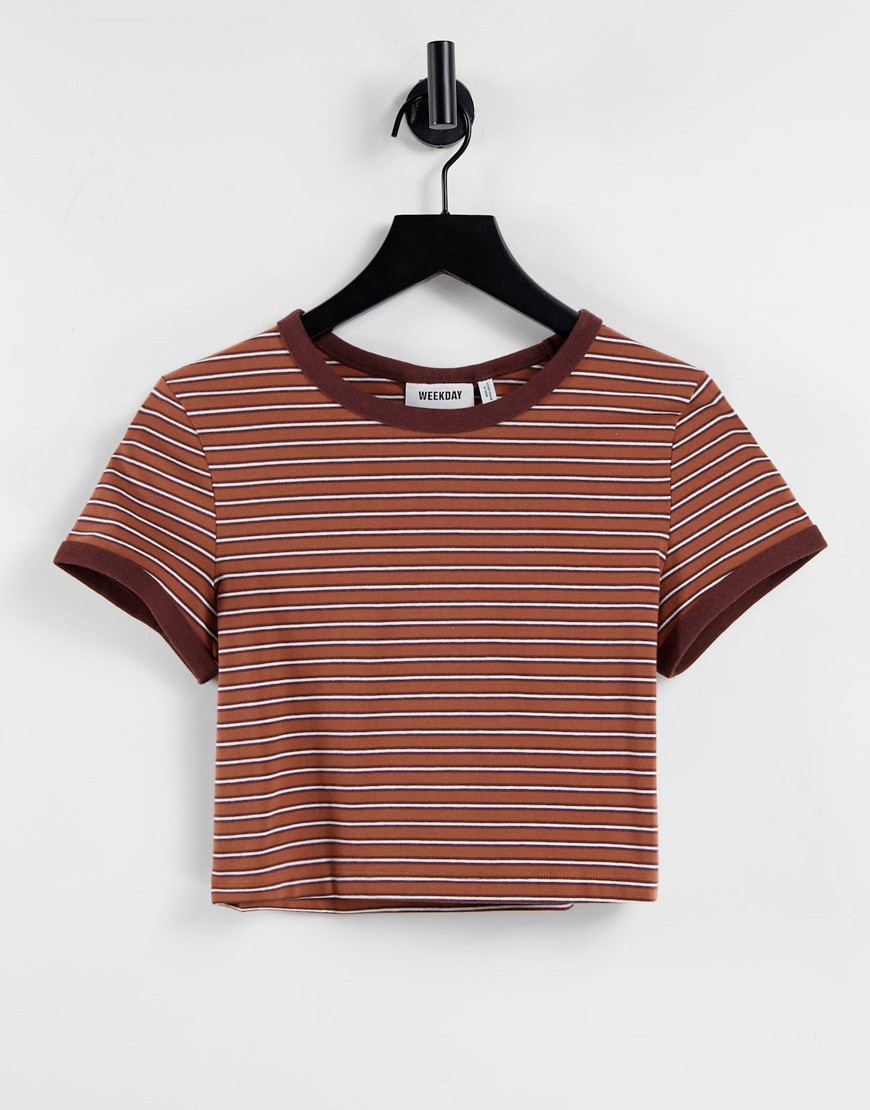 Weekday Gemini organic blend cotton T-shirt in brown stripe