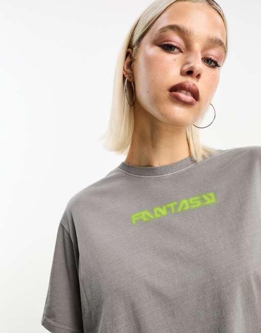 Weekday Gen oversized fantasy graphic print t-shirt with distressed detail in gray, 2 of 4
