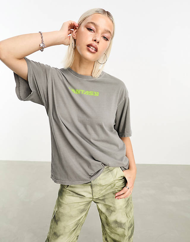 Weekday - gen oversized fantasy graphic print t-shirt with distressed detail in grey