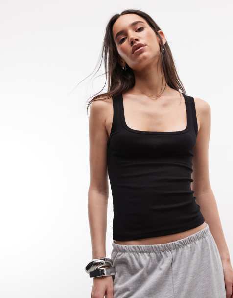 Weekday - Geribbelde tanktop met vierkante hals in zwart - view 1