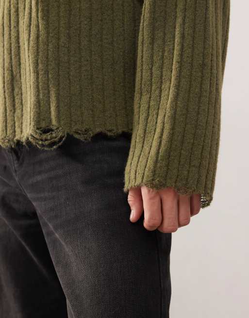 Weekday – Gerippter Pullover in Khaki mit Stehkragen und zerschlissenem Saum, 5 von 5