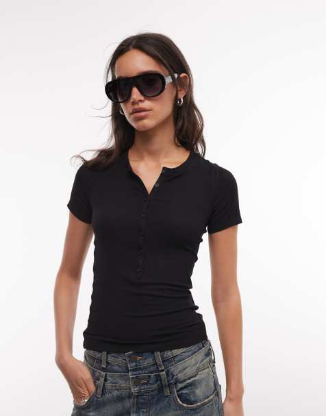 Weekday – Geripptes Henley-T-Shirt in Schwarz - view 1