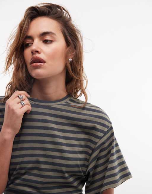 Weekday - Getailleerd T-shirt met strepen in kaki en donkergrijs, 2 van 4
