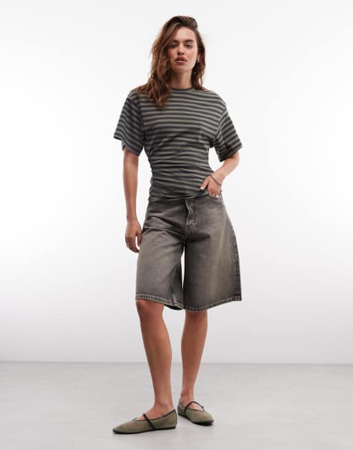 Weekday - Getailleerd T-shirt met strepen in kaki en donkergrijs, 3 van 4