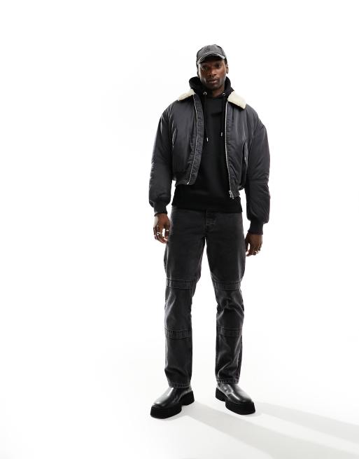 Weekday - Giacca stile bomber grigio scuro con colletto in pelliccia sintetica