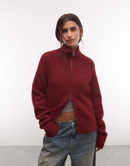 Weekday gilet zippé en maille duveteuse mélange de laine rouge foncé chiné, 2 de 4