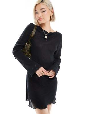 Ginko linen blend long sleeve mini dress in black